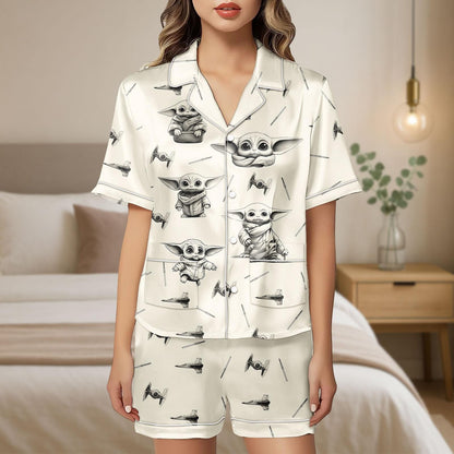 Baby Yoda Satin Pajama Set, Grogu Star Wars Sleepwear, Cute Cartoon Loungewear, Mandalorian PJs for Fans