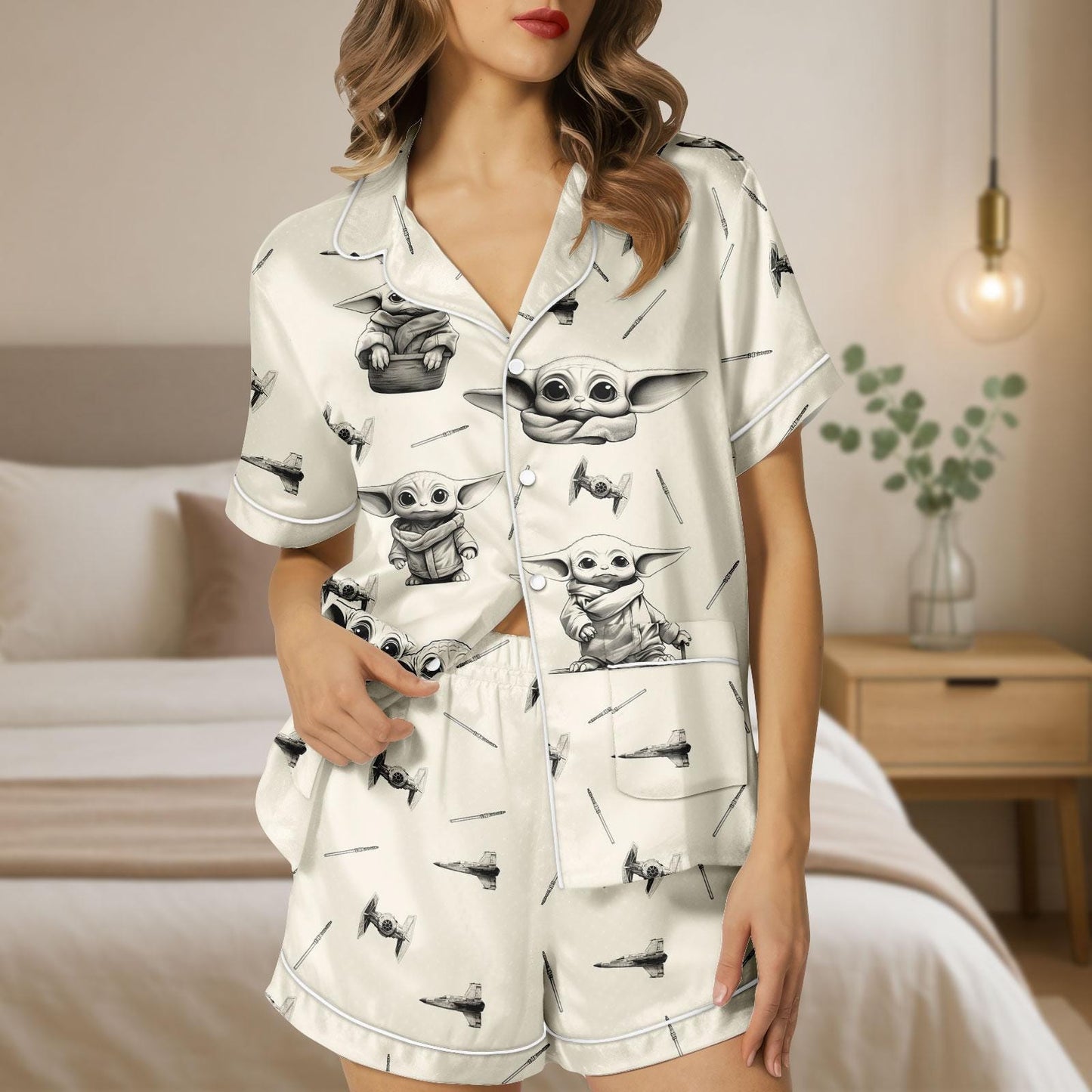 Baby Yoda Satin Pajama Set, Grogu Star Wars Sleepwear, Cute Cartoon Loungewear, Mandalorian PJs for Fans