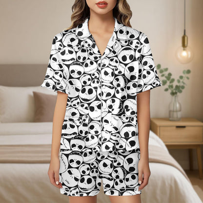 Jack Skellington Satin Pajama Set, Halloween Cartoon Sleepwear, Nightmare Before Christmas Costume PJs for Women Men