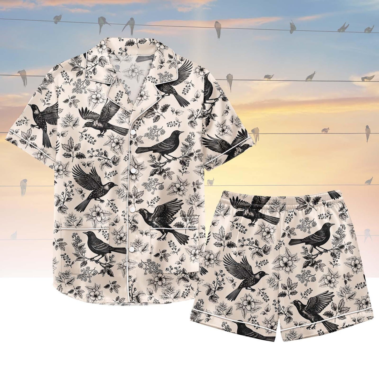 Bird Satin Pajama Set, Beige Floral Sleepwear, Elegant Birds and Flowers Summer Pajamas, Soft Lounge Set for Women