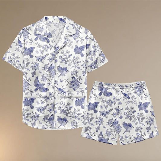 Blue Bird Satin Pajamas Set, Vintage Floral Bird Sleepwear, Soft Short Sleeve Shirt and Shorts, Lightweight Summer Loungewear
