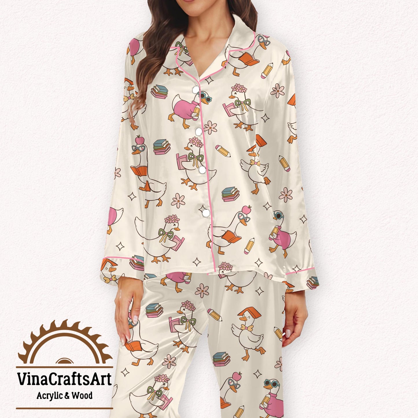 Back to School Goose Pajama Set, Cute Cartoon Duck Sleepwear, Teacher Gift, Study Lover Lounge Set, Funny Nightwear for Women