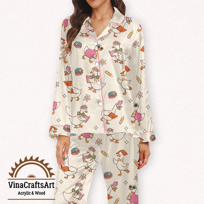 Back to School Goose Pajama Set, Cute Cartoon Duck Sleepwear, Teacher Gift, Study Lover Lounge Set, Funny Nightwear for Women