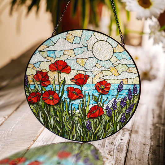 Red poppies lavender field stained glass suncatcher floral decor gift for mom birthday