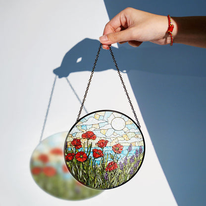 Red poppies lavender field stained glass suncatcher floral decor gift for mom birthday