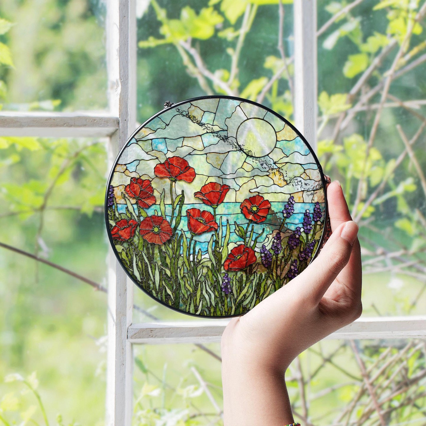 Red poppies lavender field stained glass suncatcher floral decor gift for mom birthday