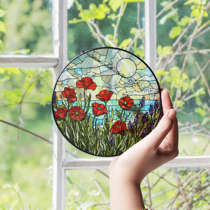 Red poppies lavender field stained glass suncatcher floral decor gift for mom birthday