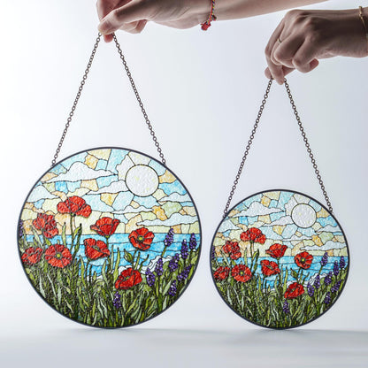 Red poppies lavender field stained glass suncatcher floral decor gift for mom birthday