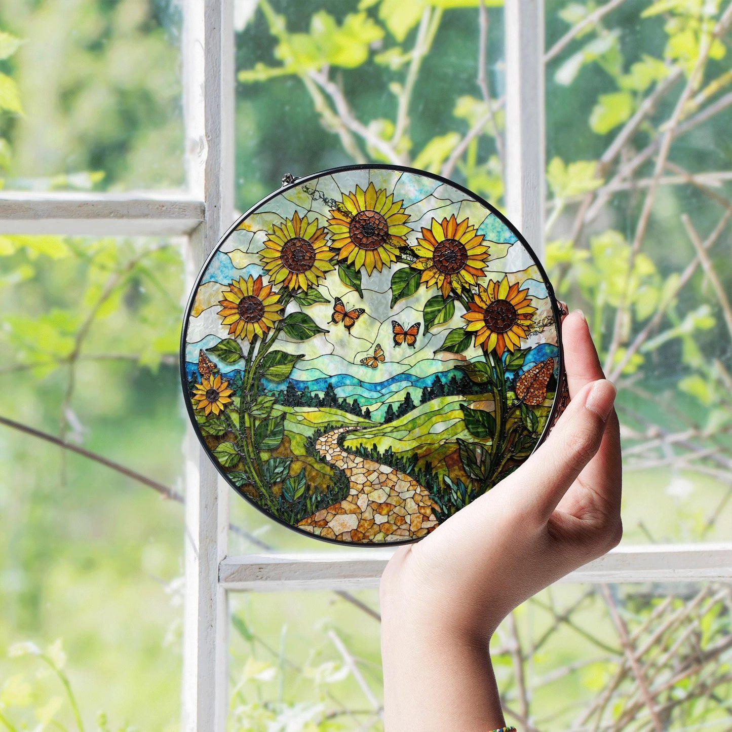 Sunflowers butterflies path stained glass suncatcher nature window decor mothers day gift