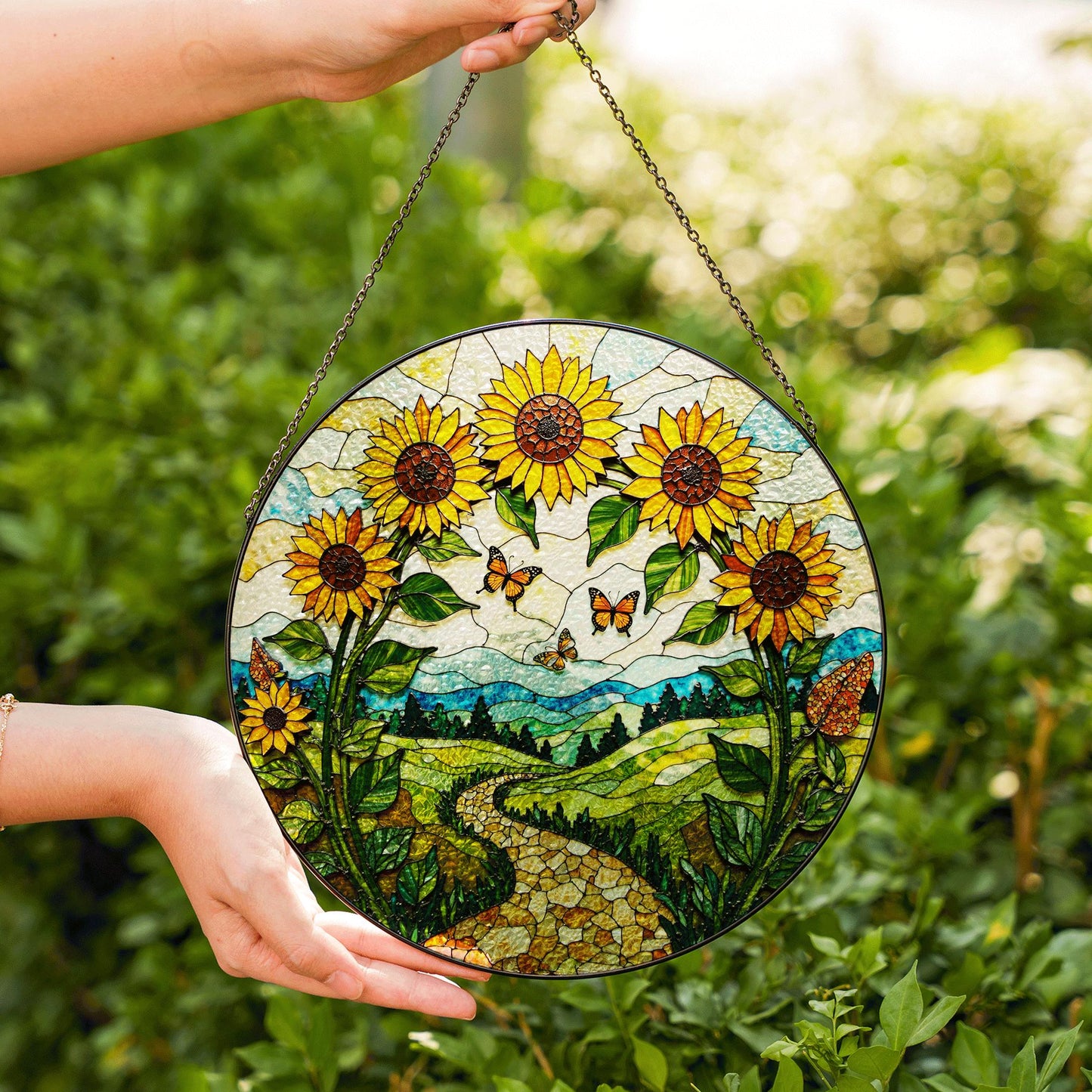 Sunflowers butterflies path stained glass suncatcher nature window decor mothers day gift
