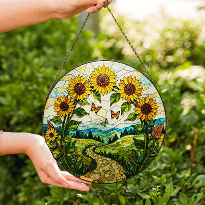Sunflowers butterflies path stained glass suncatcher nature window decor mothers day gift