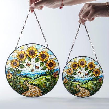 Sunflowers butterflies path stained glass suncatcher nature window decor mothers day gift
