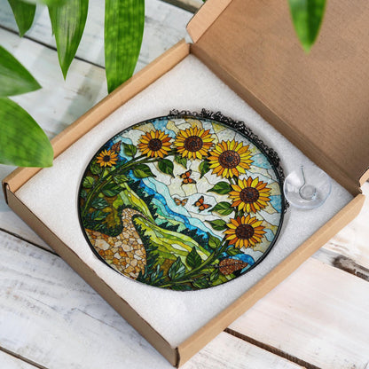 Sunflowers butterflies path stained glass suncatcher nature window decor mothers day gift