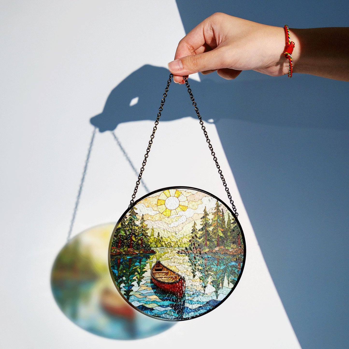 Canoe on Forest Lake Stained Glass Suncatcher Window Hanging Rustic Cabin Decor Gift for Nature Lovers