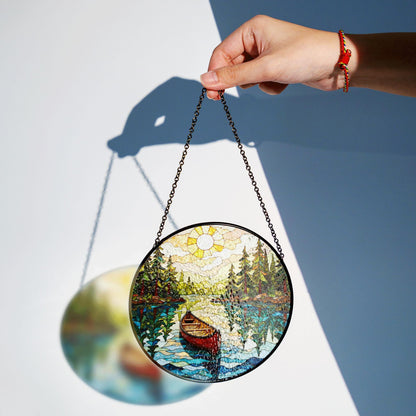 Canoe on Forest Lake Stained Glass Suncatcher Window Hanging Rustic Cabin Decor Gift for Nature Lovers