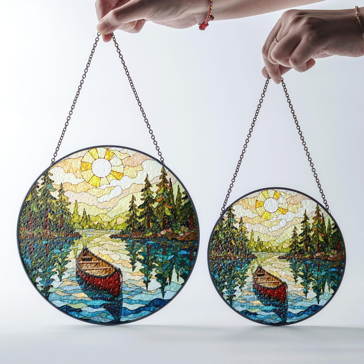 Canoe on Forest Lake Stained Glass Suncatcher Window Hanging Rustic Cabin Decor Gift for Nature Lovers