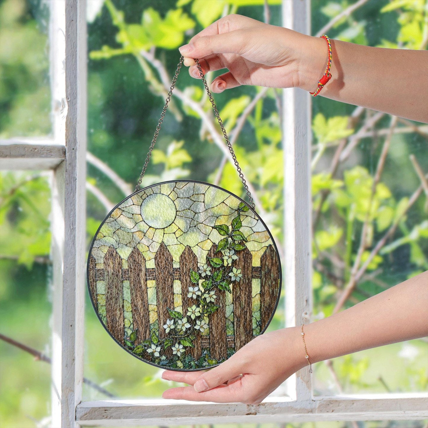 Rustic wooden fence with white flowers stained glass suncatcher gift for nature lovers