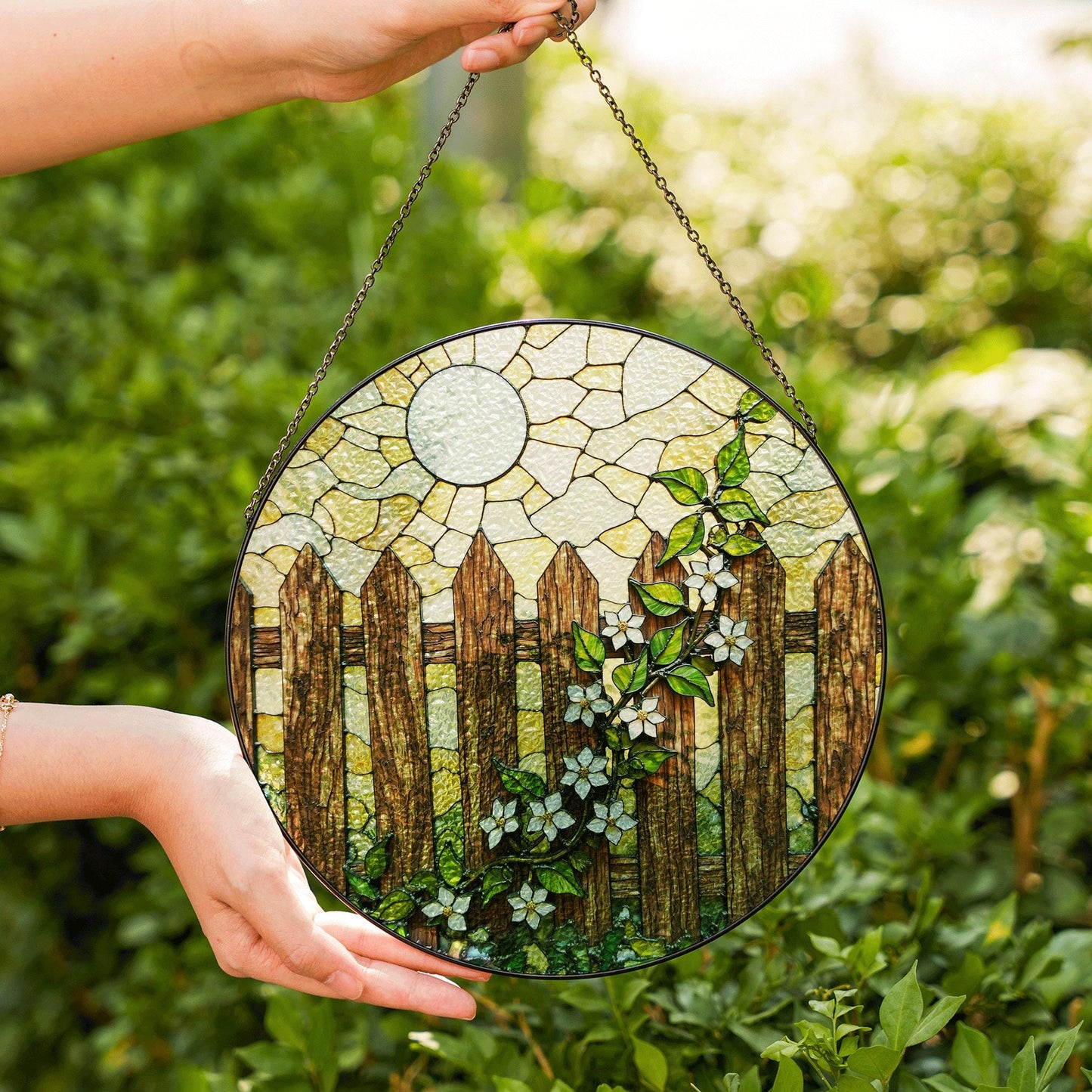 Rustic wooden fence with white flowers stained glass suncatcher gift for nature lovers