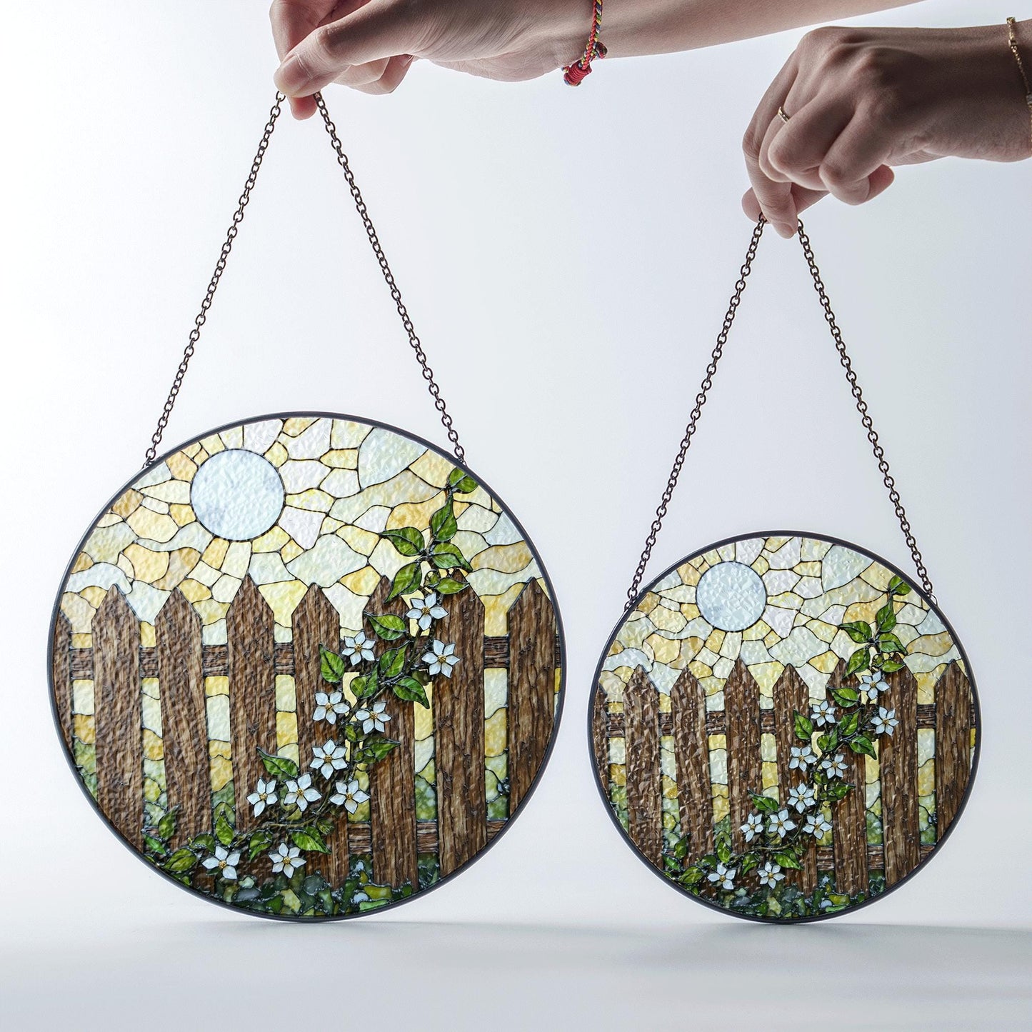 Rustic wooden fence with white flowers stained glass suncatcher gift for nature lovers