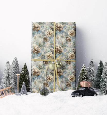 Woodland Pinecone Wrapping Paper Roll, Winter Christmas Gift Wrap with Evergreen Tree Illustrations #11