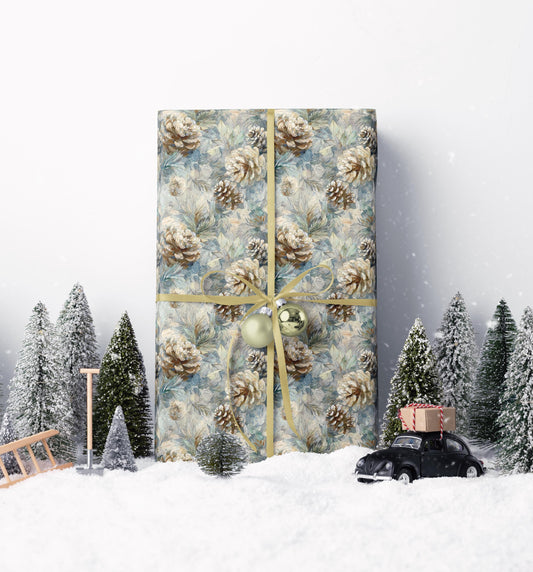 Woodland Pinecone Wrapping Paper Roll, Winter Christmas Gift Wrap with Evergreen Tree Illustrations #11