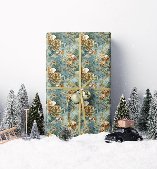 Forest Pinecone Wrapping Paper Roll, Winter Trees Gift Wrap for Christmas Gifts and Holiday Season