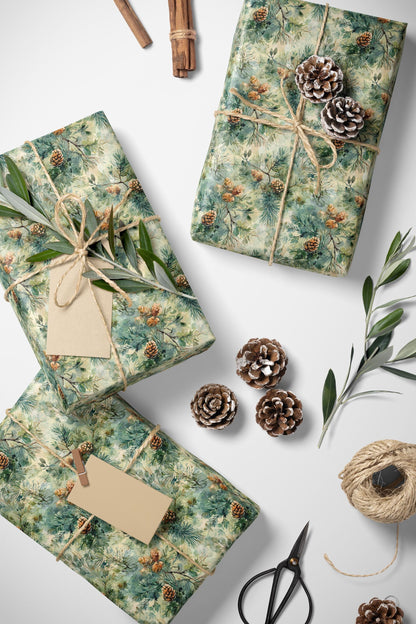 Winter Forest Wrapping Paper Roll, Pinecones and Trees Gift Wrap for Christmas and Holiday Packaging #1