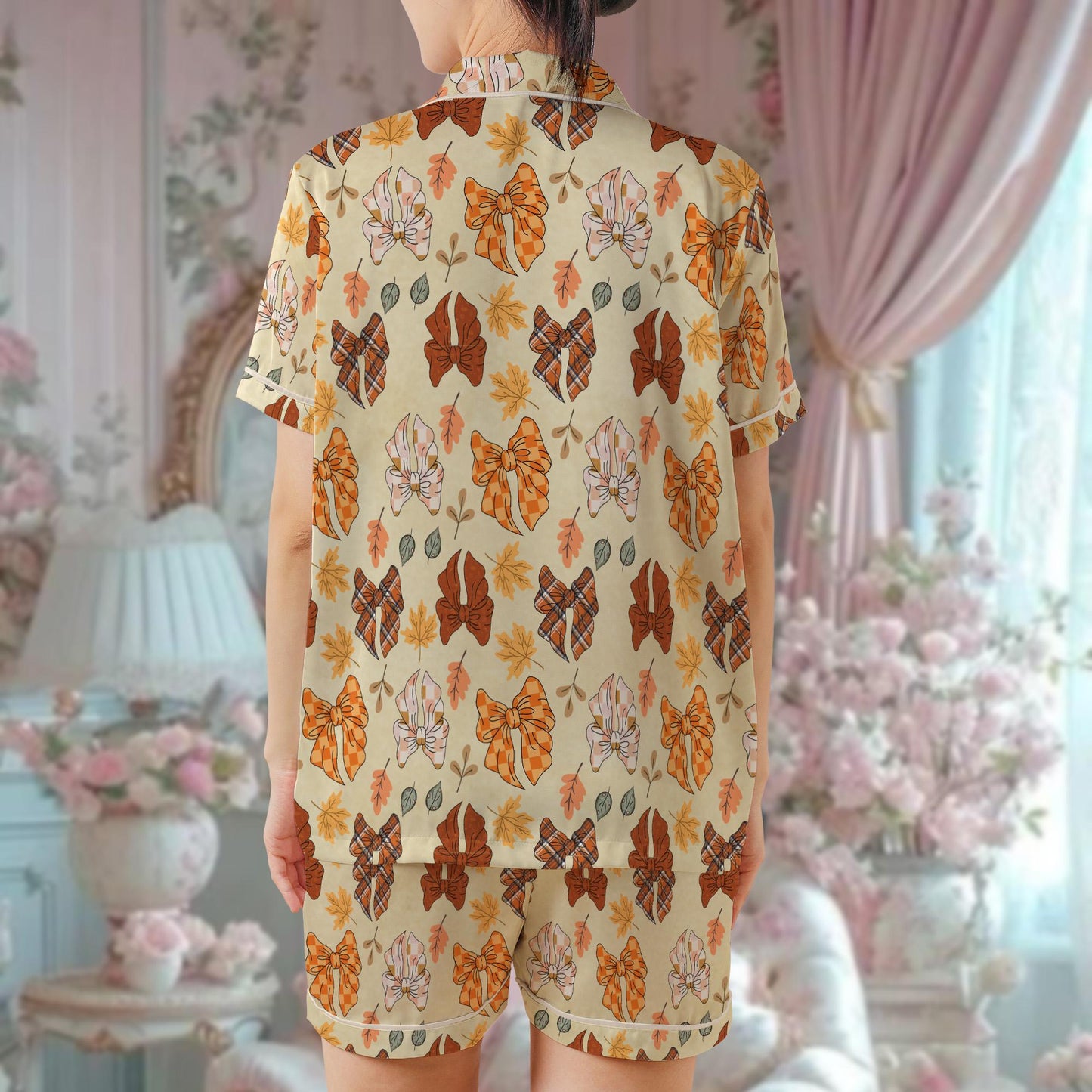 Coquette Fall Bows & Leaves Pajama Set, Girly Autumn Sleepwear, Thanksgiving Loungewear Set, Autumn Ribbon Pjs, Fall Coquette Bow Aesthetic