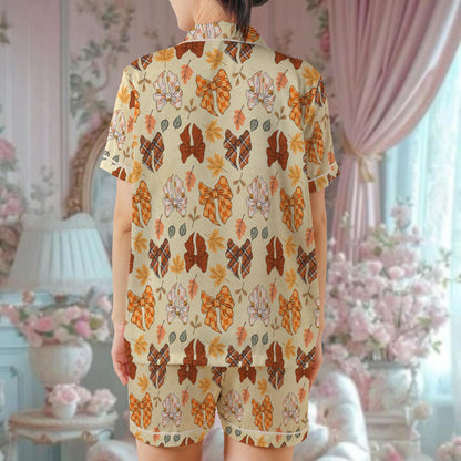 Coquette Fall Bows & Leaves Pajama Set, Girly Autumn Sleepwear, Thanksgiving Loungewear Set, Autumn Ribbon Pjs, Fall Coquette Bow Aesthetic