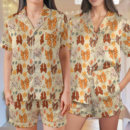 Coquette Fall Bows & Leaves Pajama Set, Girly Autumn Sleepwear, Thanksgiving Loungewear Set, Autumn Ribbon Pjs, Fall Coquette Bow Aesthetic