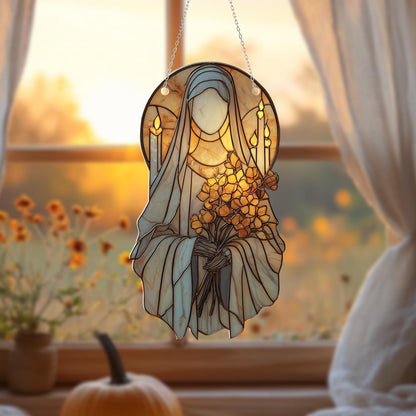 Holy Figure Window Hanging Decor with Yellow Flowers and Candle Halo, Spiritual Christian Gift, Catholic Religious Window Ornament Art