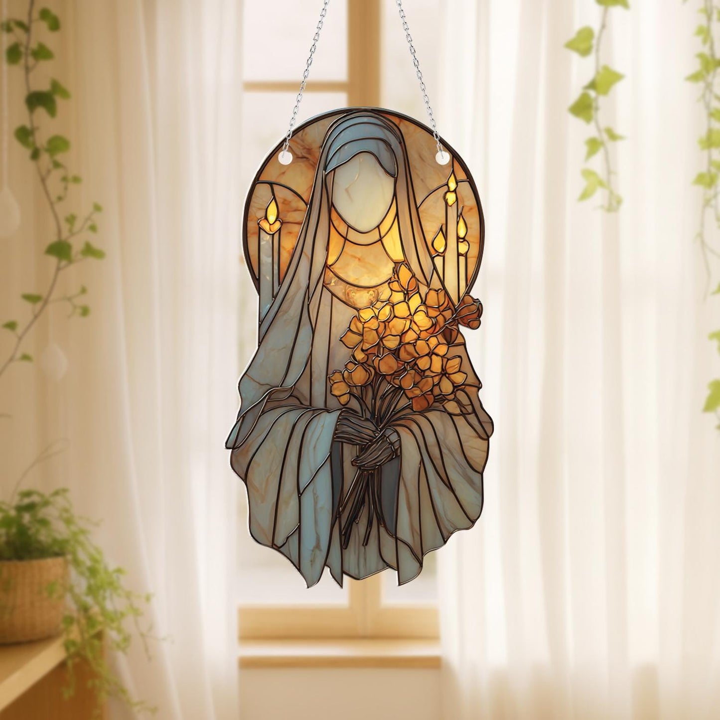 Holy Figure Window Hanging Decor with Yellow Flowers and Candle Halo, Spiritual Christian Gift, Catholic Religious Window Ornament Art