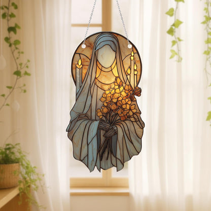 Holy Figure Window Hanging Decor with Yellow Flowers and Candle Halo, Spiritual Christian Gift, Catholic Religious Window Ornament Art