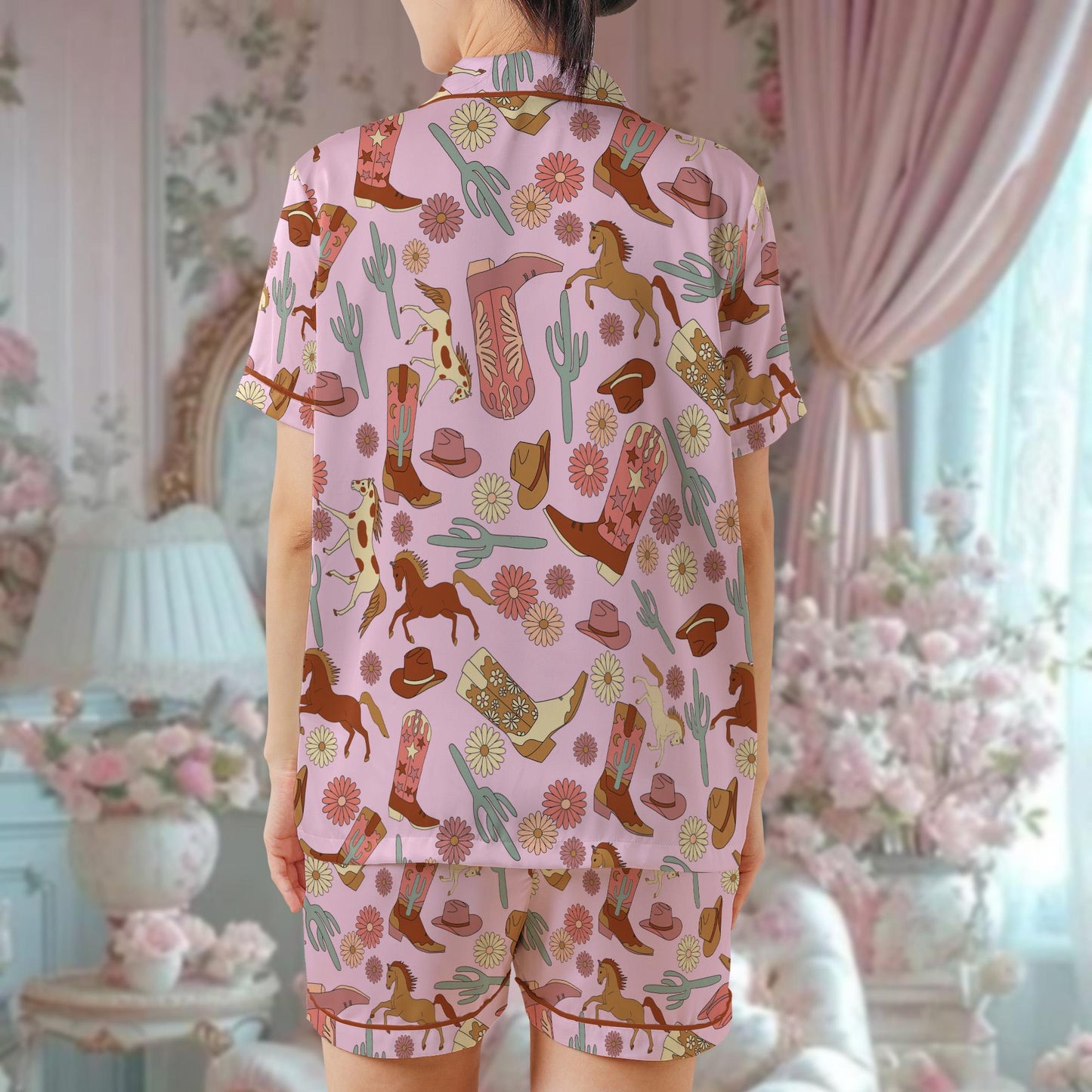 Western Era Pajama Set, Pink Cowgirl Sleepwear, Cowboy Boots and Flowers Loungewear Set, Floral Horse Cowgirl Pjs, Cowgirl Western Pajamas