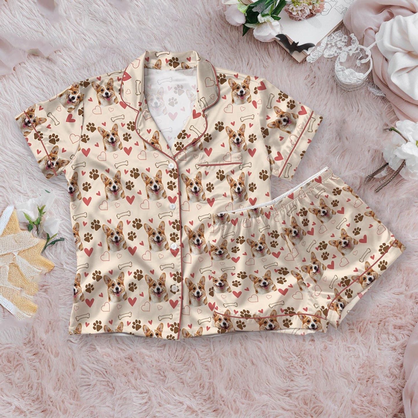 Customized Pet Satin Pajamas Set, Pet Face Pajamas, Dog Lover PJs, Family Pajamas, Pet Portrait, Matching Pajamas