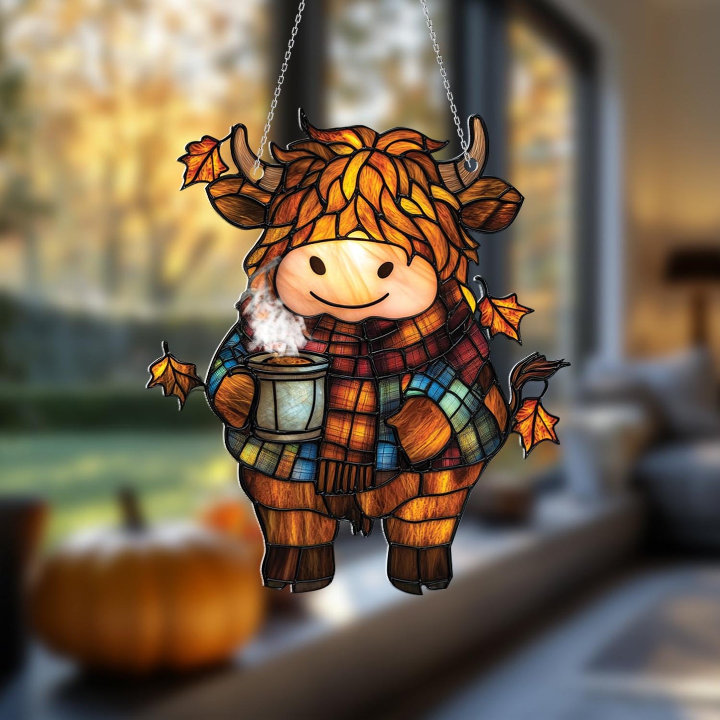 Cozy Fall Window Hanging with Highland Cow in Plaid Scarf, Autumn Leaves and Hot Cocoa Cup, Cute Farm Animal Decor for Seasonal Charm
