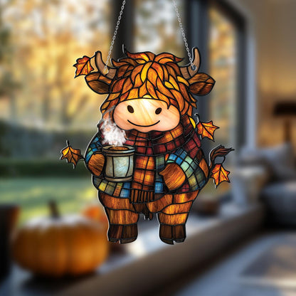 Cozy Fall Window Hanging with Highland Cow in Plaid Scarf, Autumn Leaves and Hot Cocoa Cup, Cute Farm Animal Decor for Seasonal Charm