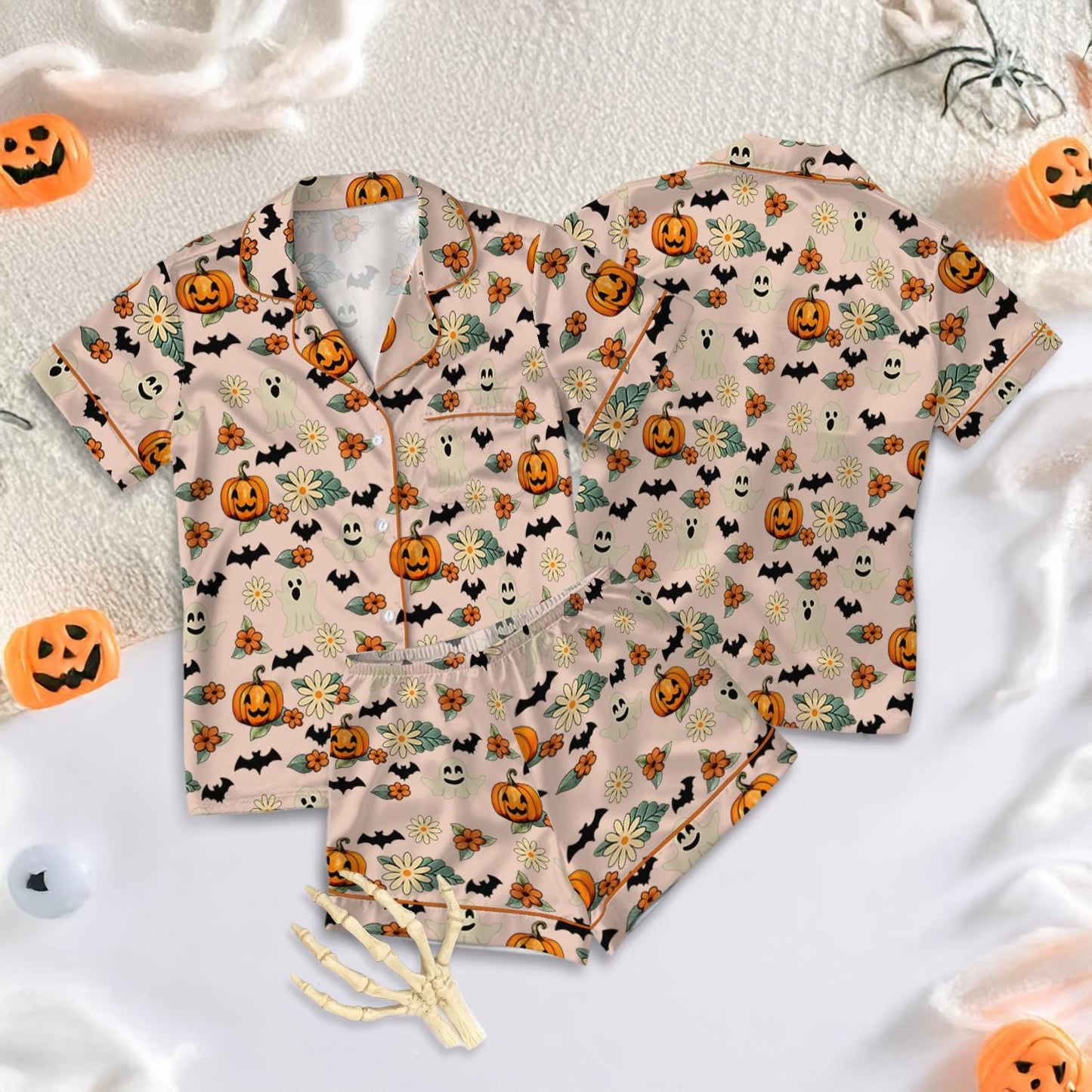 Funny Trick Or Treat Halloween Satin Pajamas, Floral Pumpkin Ghost Halloween Pajamas, Spooky Season Fall Vibes, Happy Halloween Sleepwear