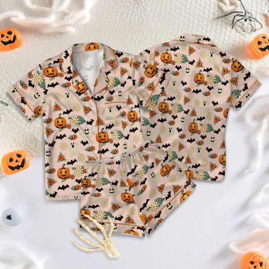 Funny Trick Or Treat Halloween Satin Pajamas, Floral Pumpkin Ghost Halloween Pajamas, Spooky Season Fall Vibes, Happy Halloween Sleepwear