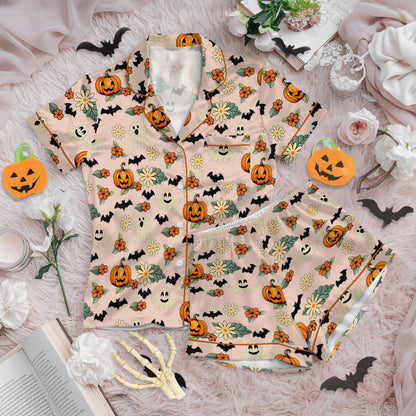 Funny Trick Or Treat Halloween Satin Pajamas, Floral Pumpkin Ghost Halloween Pajamas, Spooky Season Fall Vibes, Happy Halloween Sleepwear
