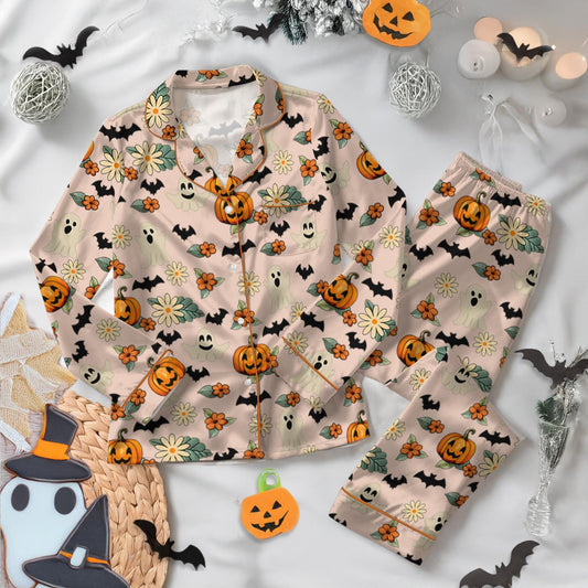 Funny Trick Or Treat Halloween Satin Pajamas, Floral Pumpkin Ghost Halloween Pajamas, Spooky Season Fall Vibes, Happy Halloween Sleepwear
