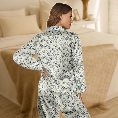 Floral Satin Pajama Set for Women, Cream and Navy Blue Botanical Print Sleepwear, Long Sleeve Loungewear, Silky Two Piece PJs