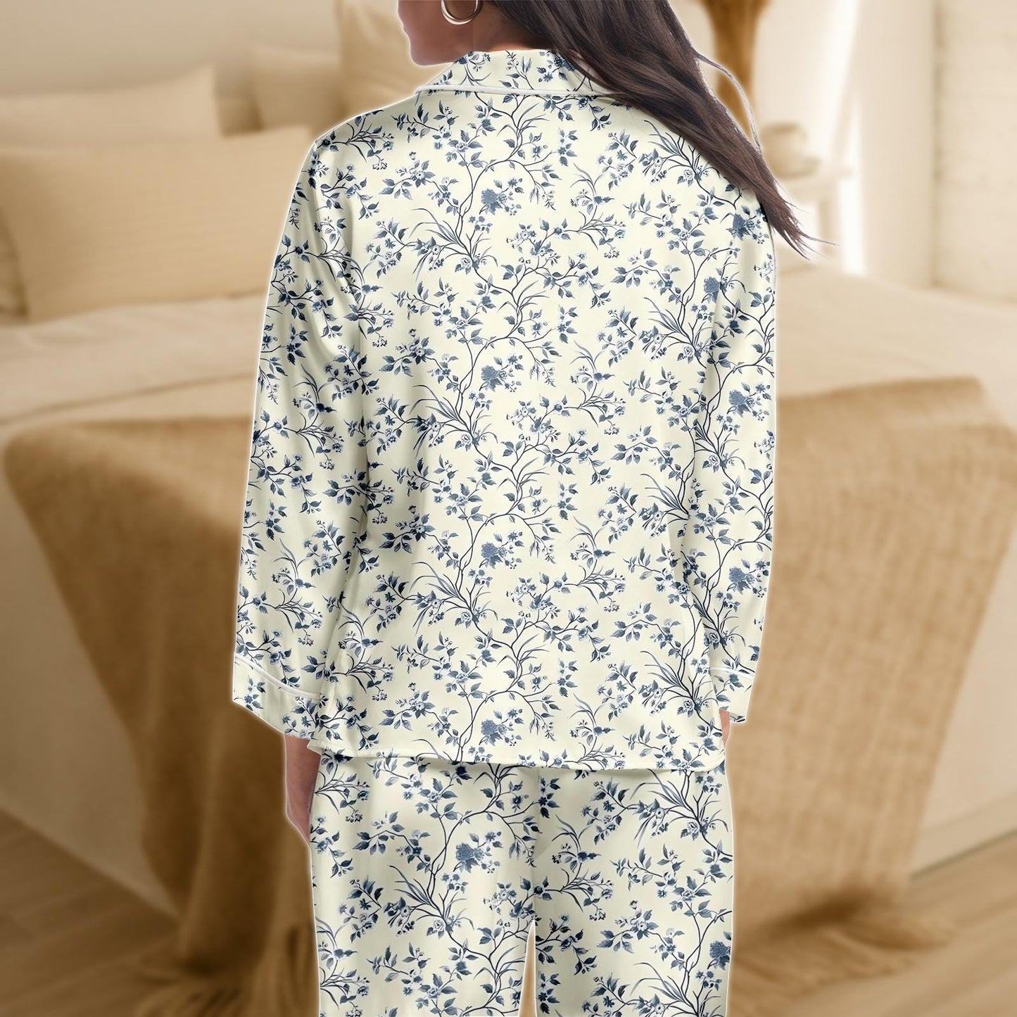 Floral Satin Pajama Set for Women, Cream and Navy Blue Botanical Print Sleepwear, Long Sleeve Loungewear, Silky Two Piece PJs