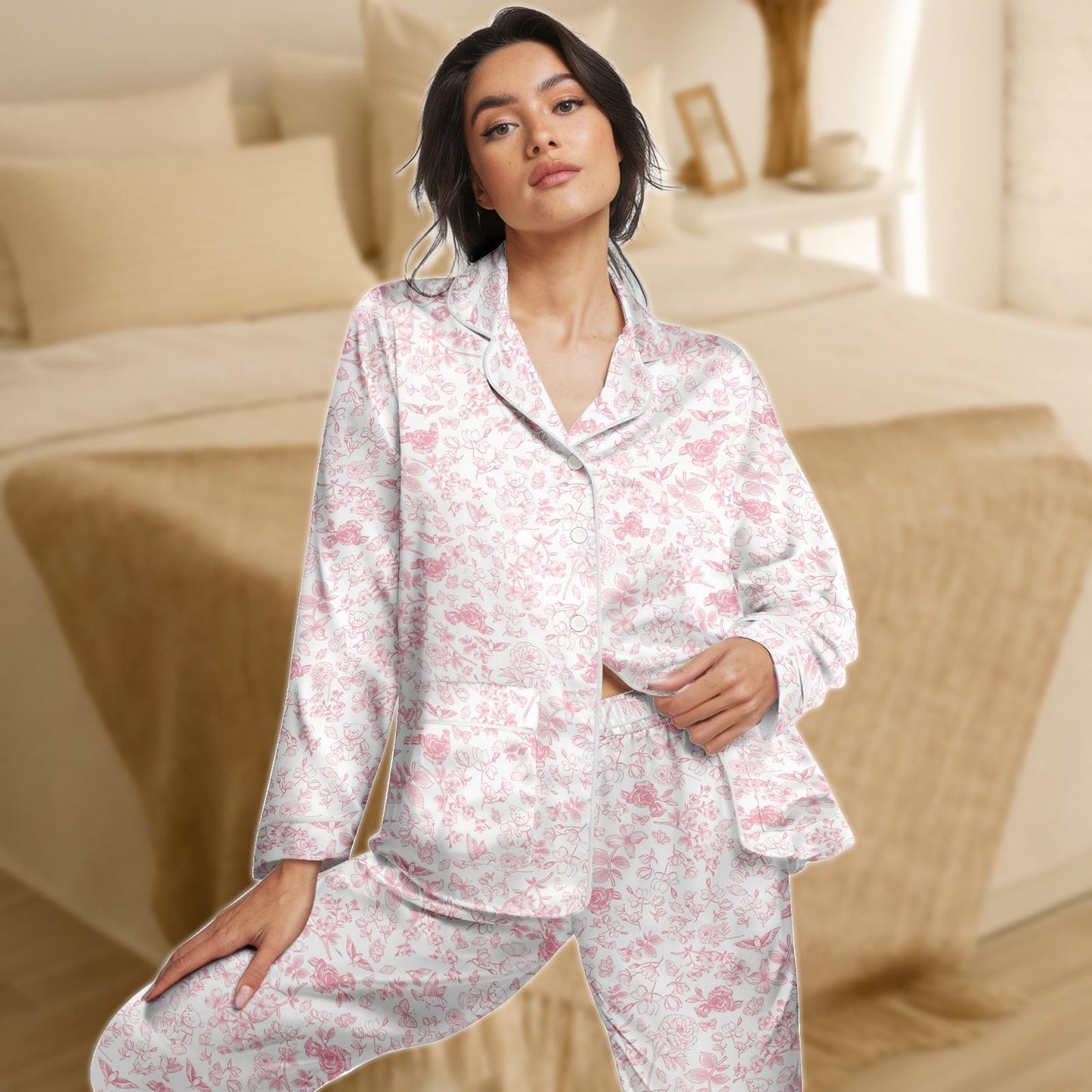 Floral Pink Satin Pajama Set for Women, Soft Blush Rose Print Sleepwear, Long Sleeve Silky Lounge Set, Romantic Piece Nightwear,Gift Fo
