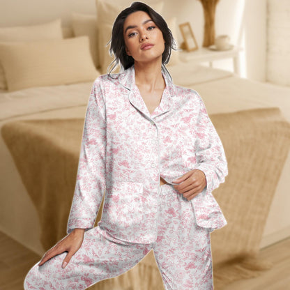 Floral Pink Satin Pajama Set for Women, Soft Blush Rose Print Sleepwear, Long Sleeve Silky Lounge Set, Romantic Piece Nightwear,Gift Fo