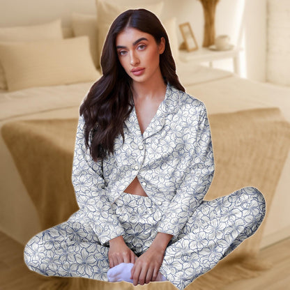 Hibiscus Floral Satin Pajama Set for Women, Navy and White Sleepwear, Long Sleeve Tropical Print PJs, Silky Two Piece Lounge Set