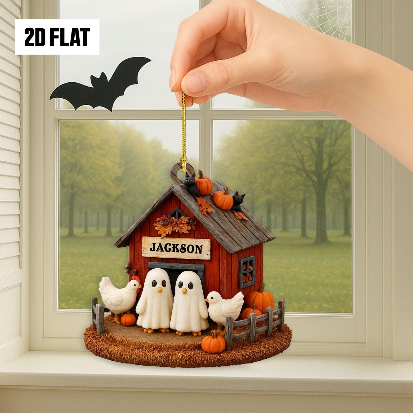 Personalized Halloween Chicken Coop 2D Flat Acrylic Ornament, Ghost Chicken Ornament, Cute Ghost Farmhouse Fall Decor , Halloween Gift