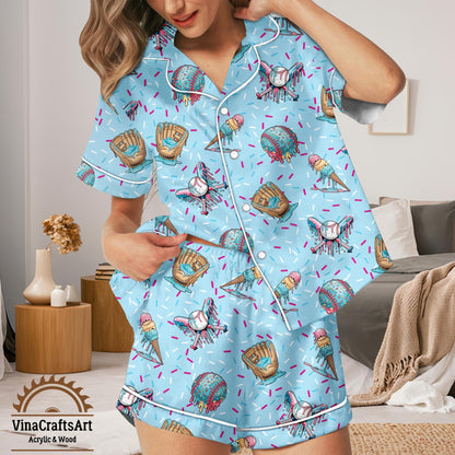 Ice Cream Drip Baseball Pajamas Set– Cute Baseball Fan Sleepwear, Funny Summer Loungewear Set, Soft Button-Up Pajamas Gift for Her