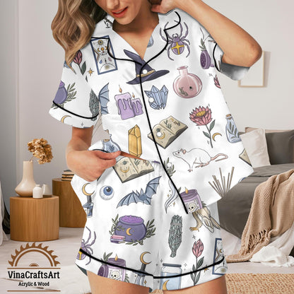 Witchy Pajama Set for Women – Mystical Sleepwear with Bats - Owls, Tarot & Crystals | Cute Witchcore Aesthetic Pajamas Set