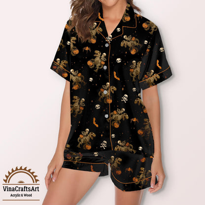 Halloween Pajamas Set – Skeleton Riding Mummy Dinosaur Sleepwear | Spooky Cute Loungewear for Women | Funny Halloween Pajamas Set